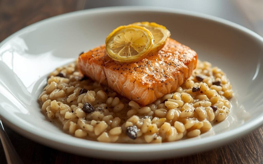 Risoto de salmão com alho negro com limão siciliano