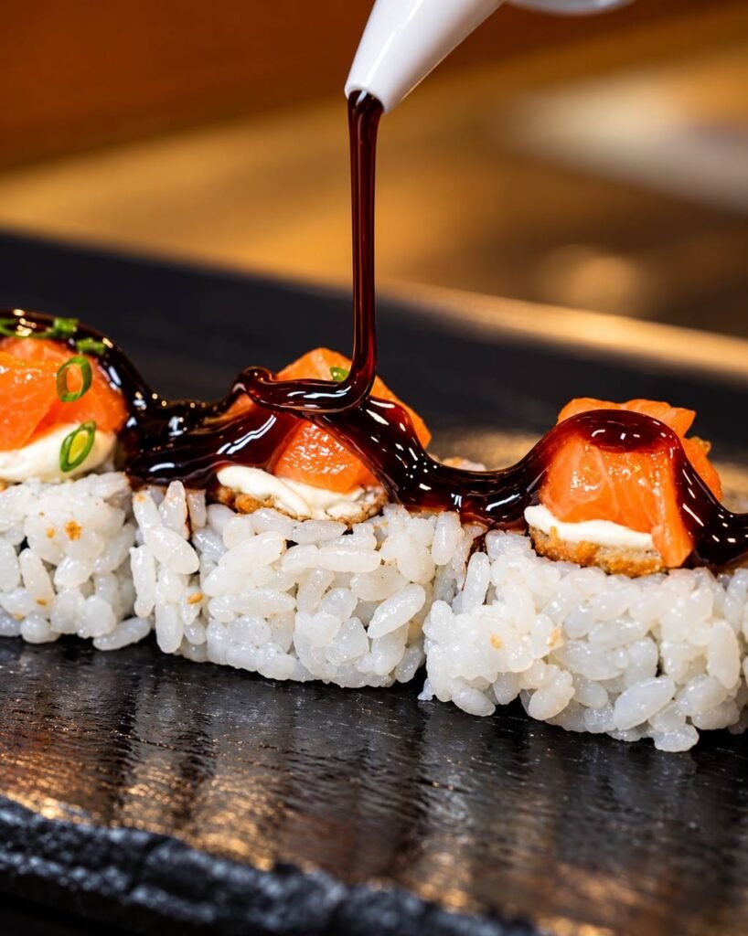 Molho de alho negro sendo finalizado sobre sushi