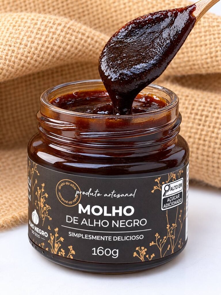 Molho de alho negro artesanal em pote de vidro